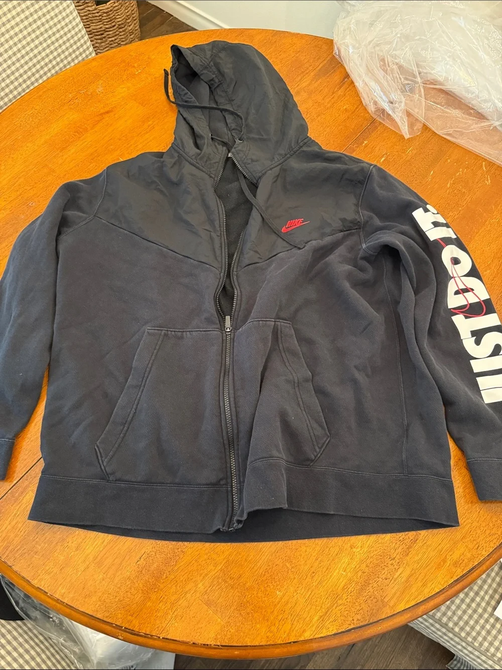 Nike Black Hoodie with Red Swoosh and White Sleeve Print xxl